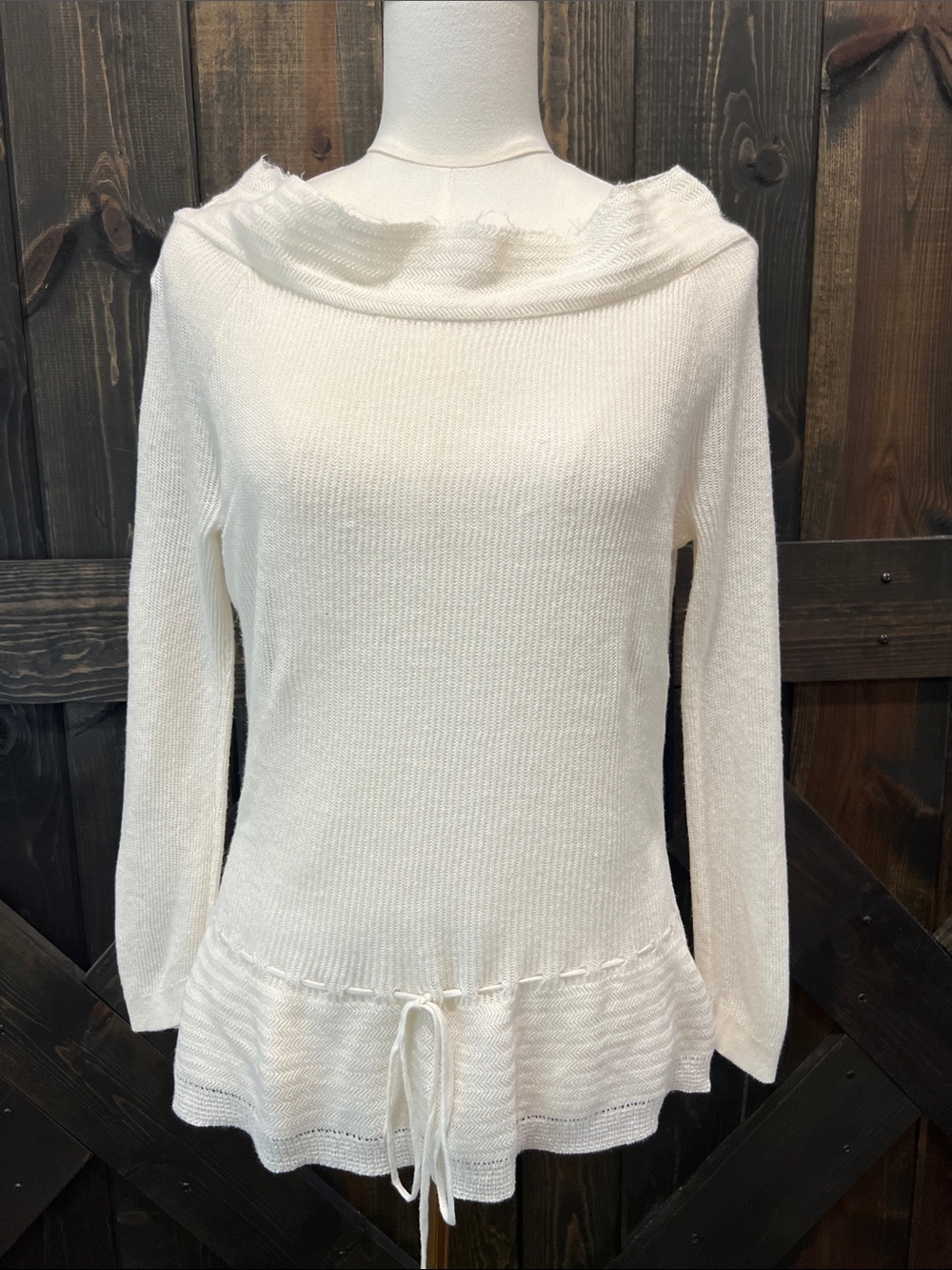 American Living Linen Blend Sweater L White Tie Hem Ruffle Boho Coastal Preppy